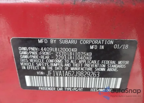 2018 Subaru Wrx from USA, damaged, VIN JF1VA1A62J9829263